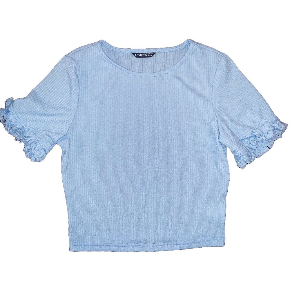 Shein Women's Light Blue Rib Knitted Cropped Short Sleeve Top